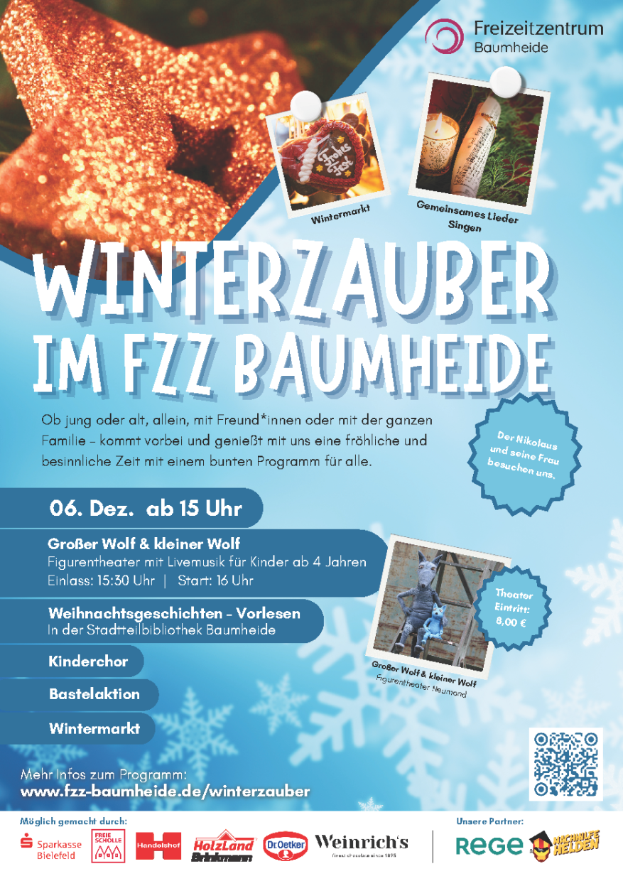 Zu sehen ist ein Plakat mit Information zur Veranstaltung, Winterzauber im FZZ Baumheide.