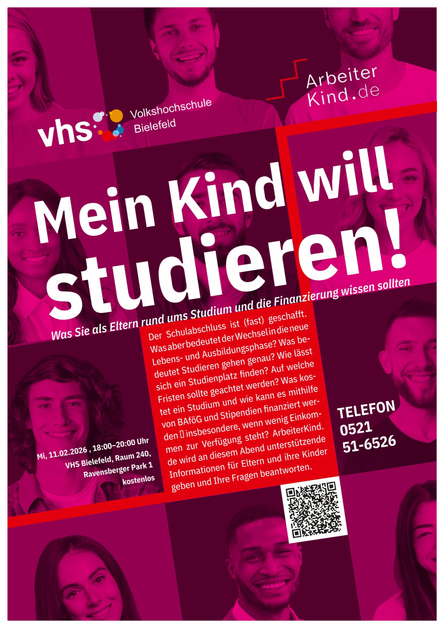 Plakat "Mein Kind will studieren!" mit Informationen zu Studienmöglichkeiten in Magenta und Rosa.