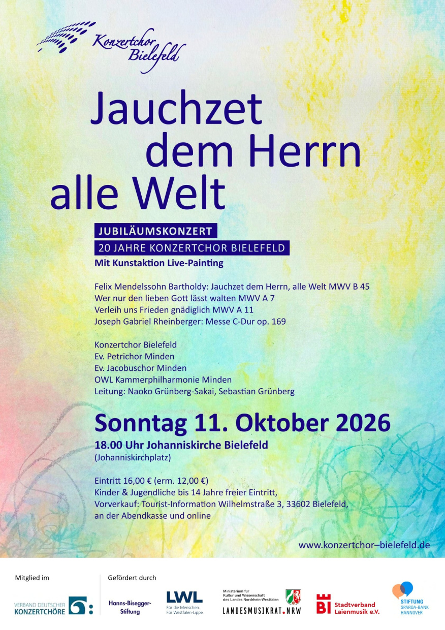 Farbenfrohes Konzertplakat mit Beschreibung der Teilnehmenden