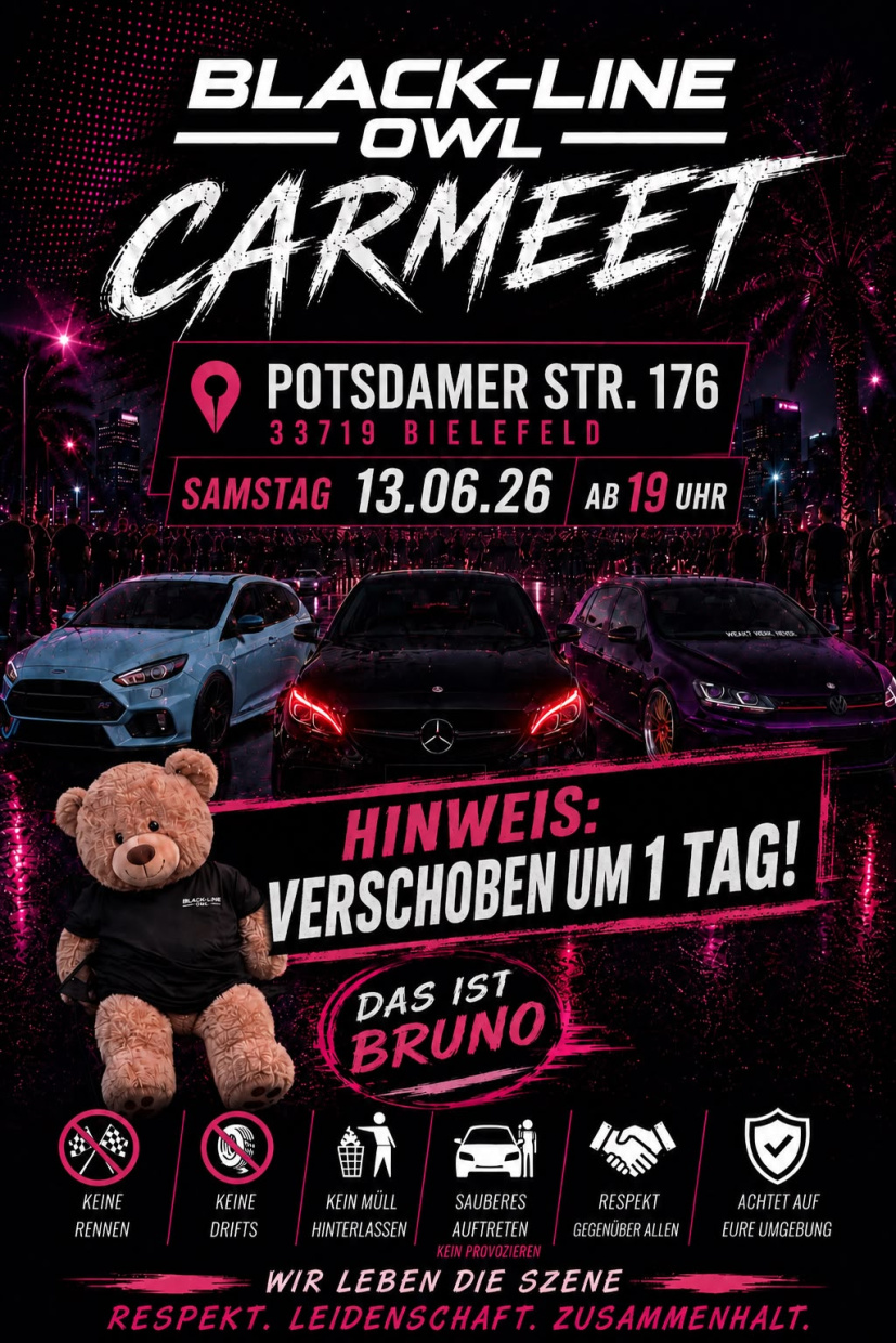 Werbeplakat für das „Black-Line OWL Carmeet“ am 13. Juni 2026 in Bielefeld. Zu sehen sind drei getun