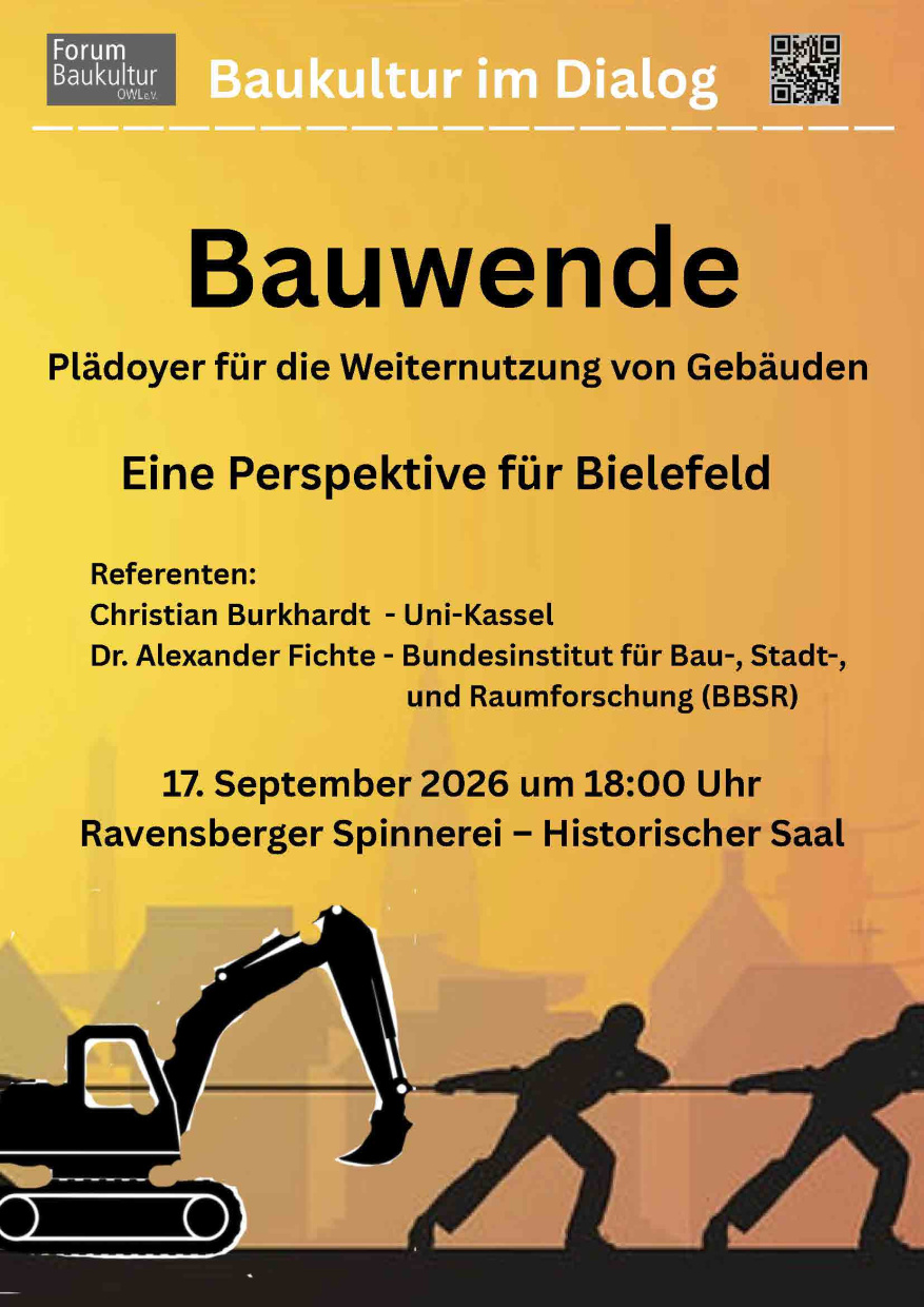 Plakat mit Informationen zur Veranstaltung "Bauwende - Baukultur im Dialog"