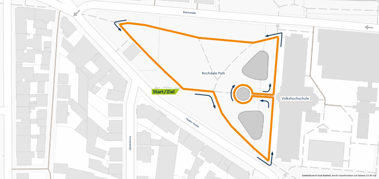 Karte mit orange markierter Laufstrecke in urbanem Gebiet.