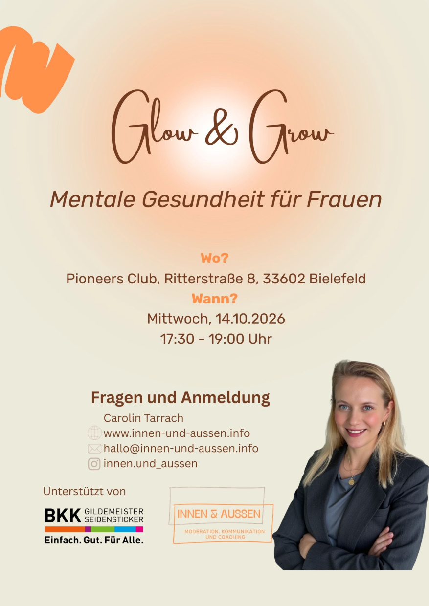 Flyer für Glow &amp; Glow Mentalität Gesundheit Kurs für Frauen mit Frau Porträt.