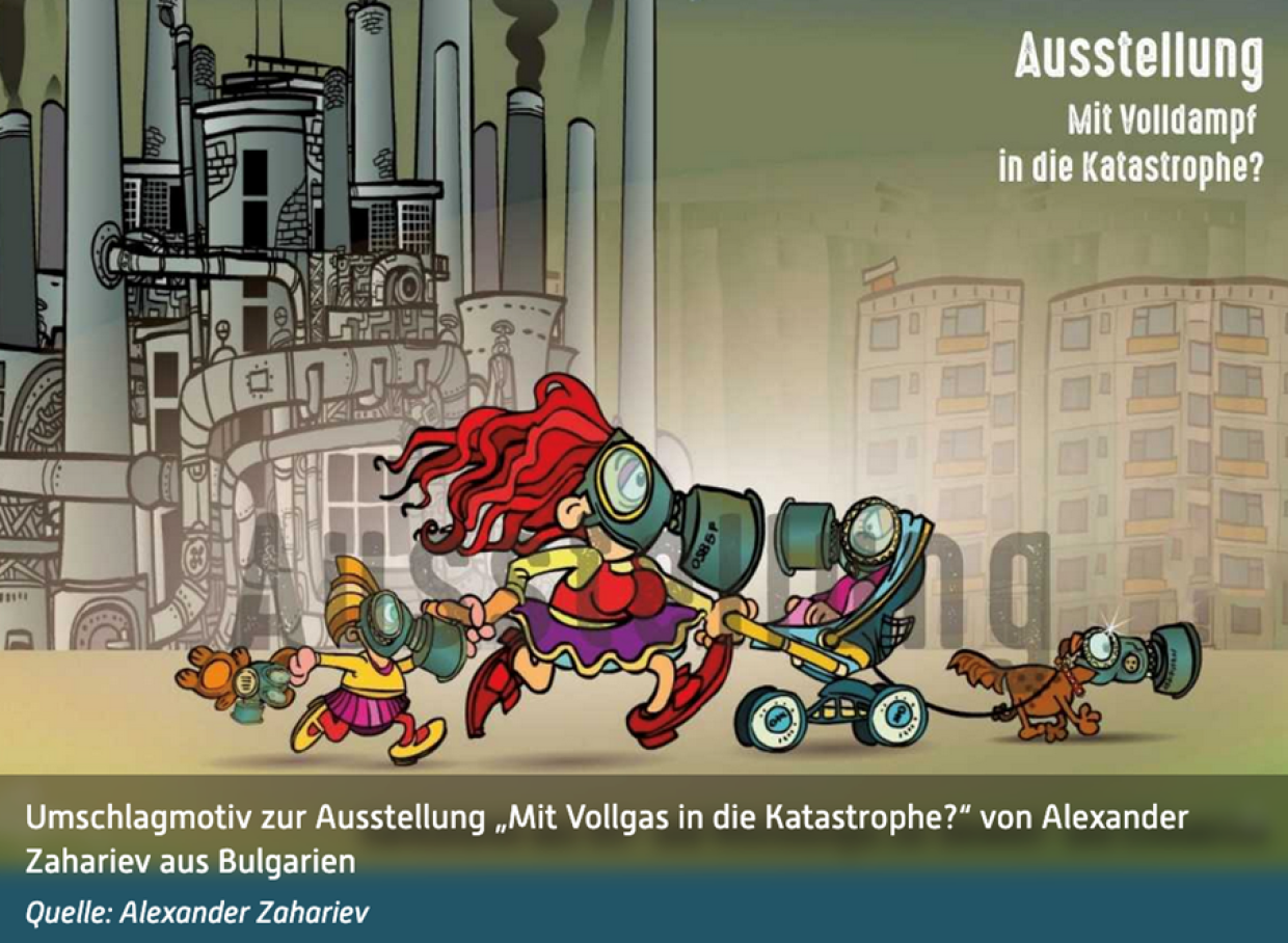 Umschlagmotiv zur Ausstellung "Mit Vollgas in die Katastrophe?" von Alexander Zahariev aus Bulgarien. Quelle: Alexander Zaharie