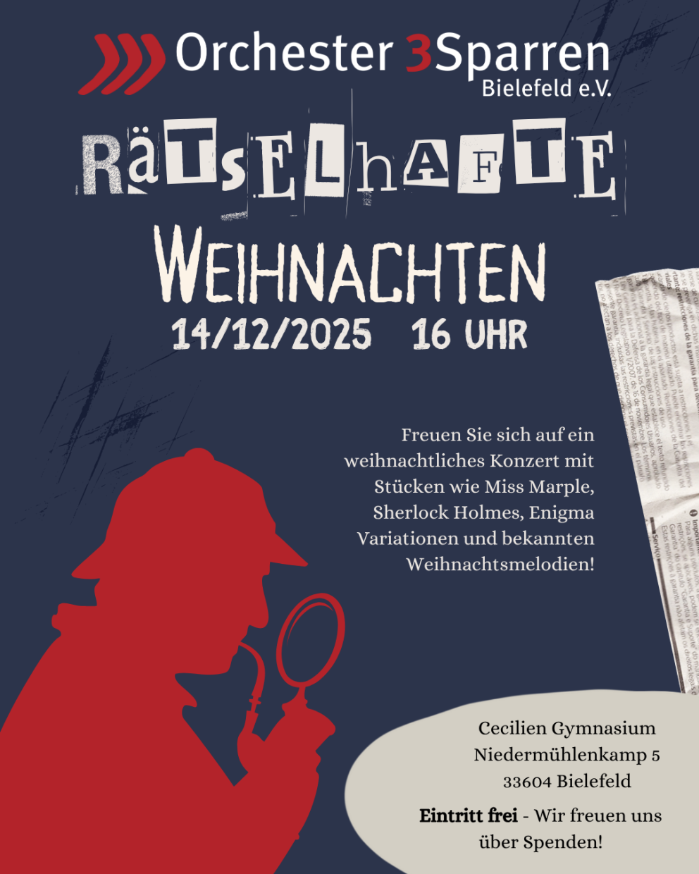 Plakat zum Weihnachtskonzert "Rätselhafte Weihnachten" des Orchesters 3 Sparren Bielefeld