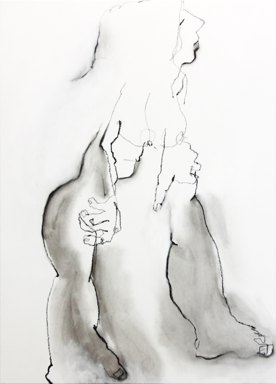 Die Zeichnung einer weiblich gelesenen Person, in kräftigen, schwarzen Linien auf weißem Grund.