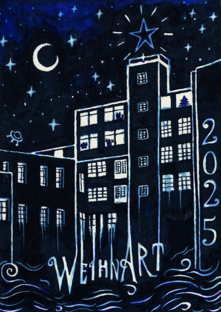 Illustration des Artists-Unlimited-Gebäudes bei Nacht, mit Mond und Sternen, leuchtenden Fenstern.