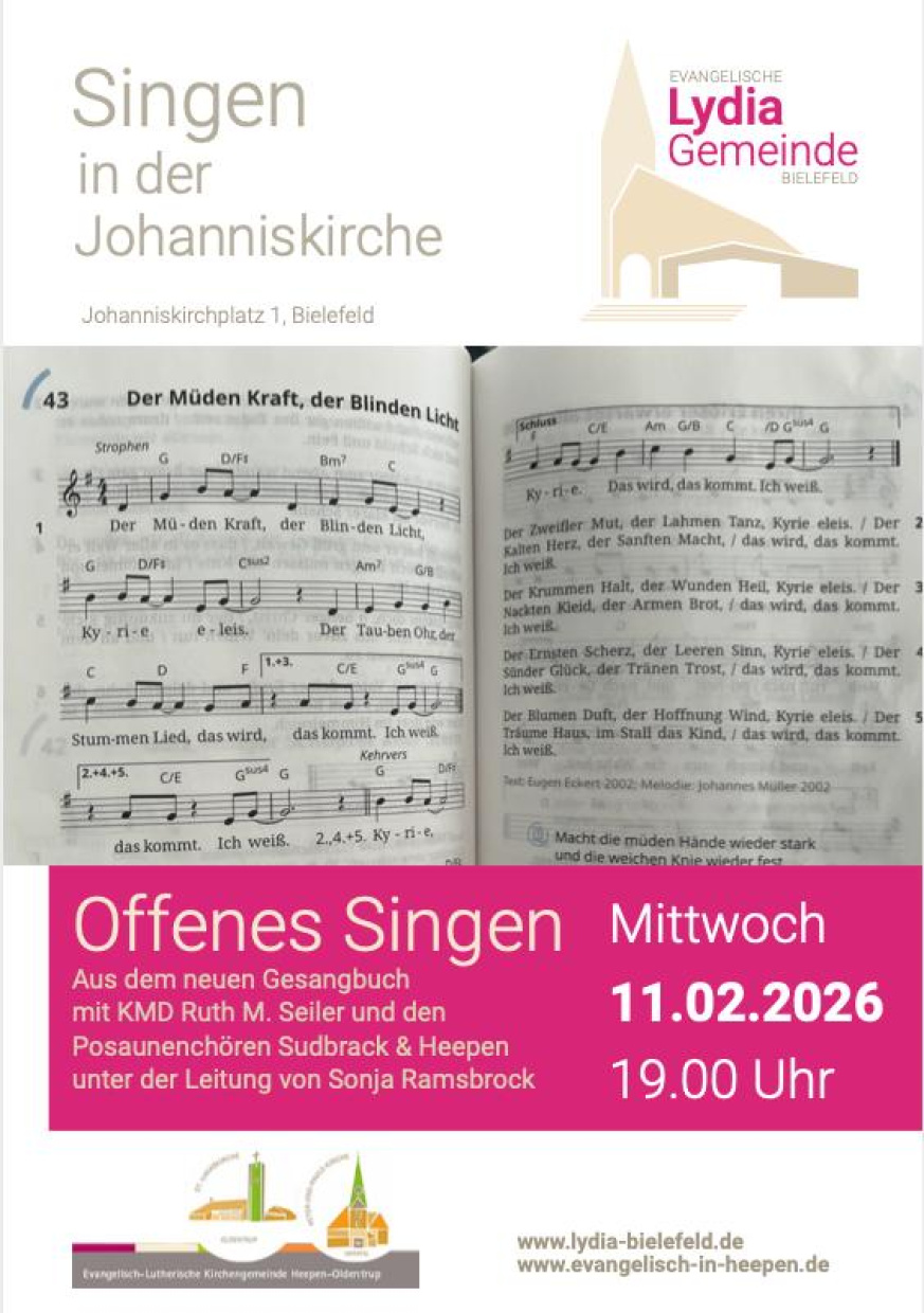 aufgeschlagenes Gesangbuch und Informationen zu Ort: Johanniskirche und Bläserchören
