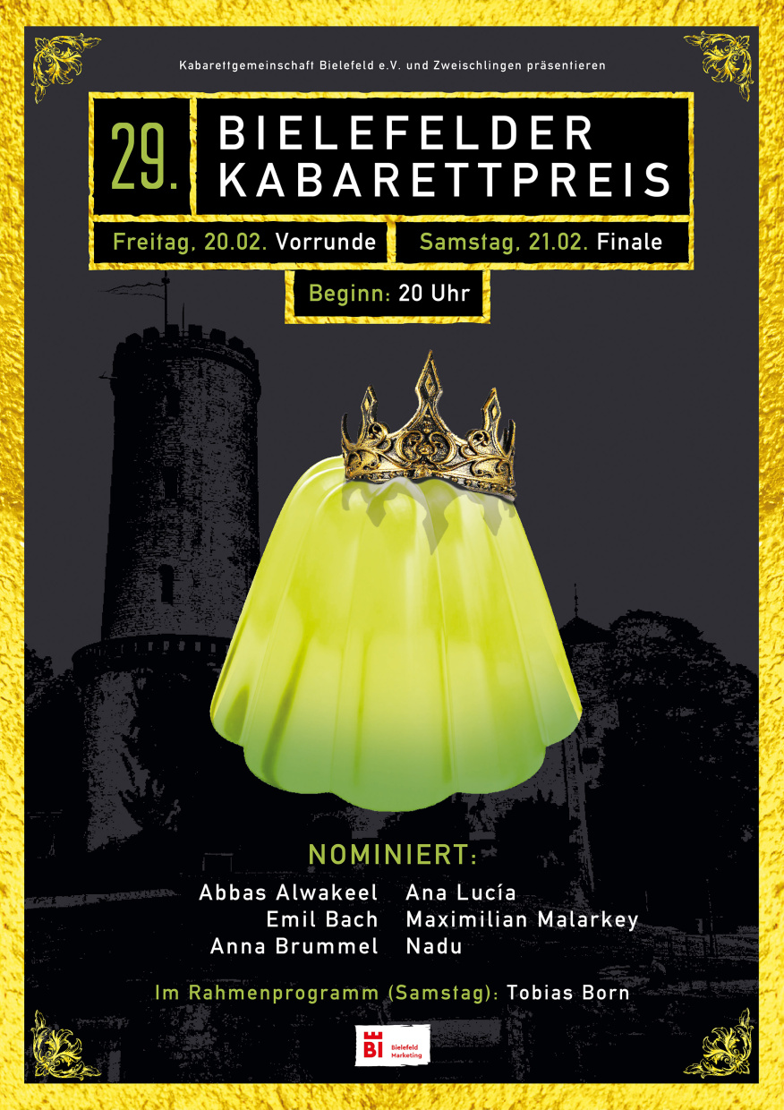 Plakatmotiv des 29. Bielefelder Kabarettpreises, gekrönter Pudding vor Sparrenburg