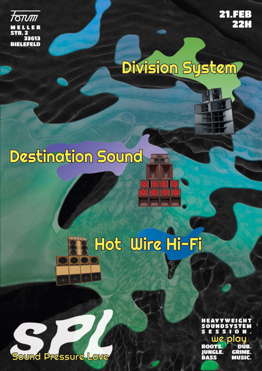 Dunkle Eventgrafik mit bunten, fließenden Formen. Drei illustrierte Soundsysteme sind zu sehen. 
