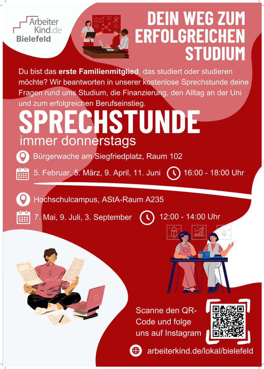 Hier finden sich die Termine der ArbeiterKind.de Sprechstunde. Bürgerwache 16 bis 18h, Raum 102.