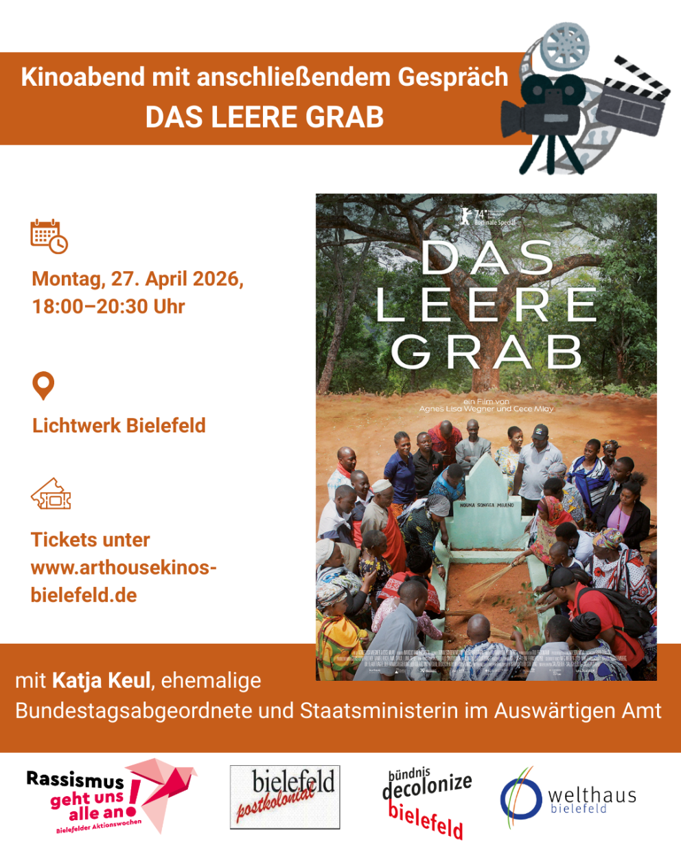 Weißer Hintergrund mit Filmplakat "Das leere Grab" sowie Veranstaltungsdaten und Logos