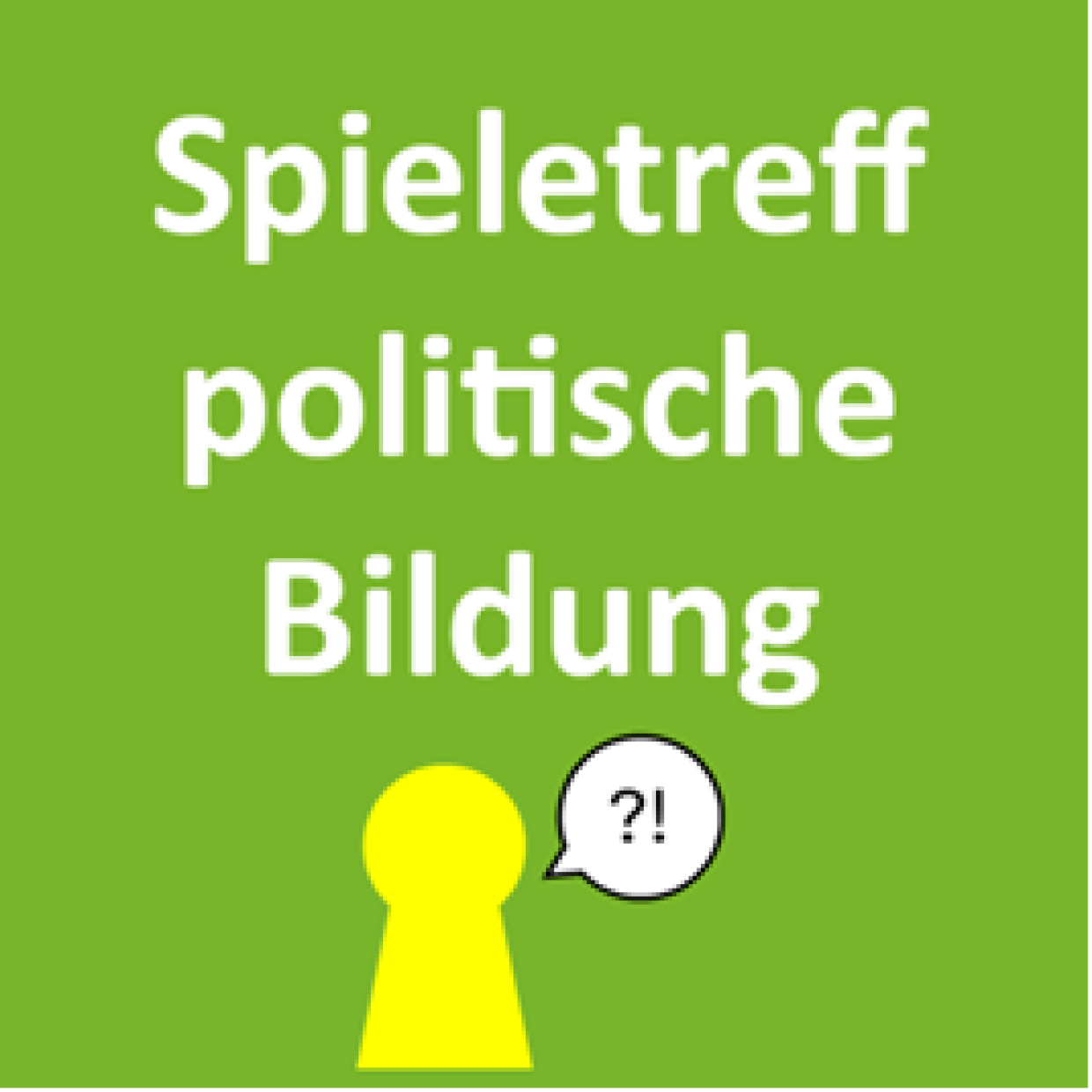 Text "Spieletreff politische Bildung" über einer Spielfigur mit einer Sprechblase.