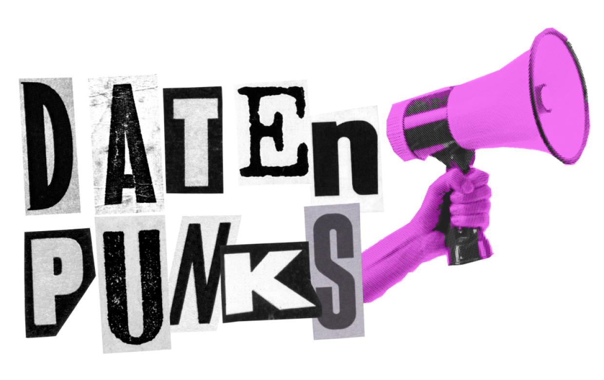 Logo der Datenpunks mit pinken Megaphon. Schrift im Stil ausgeschnittener Zeitungsbuchstaben 
