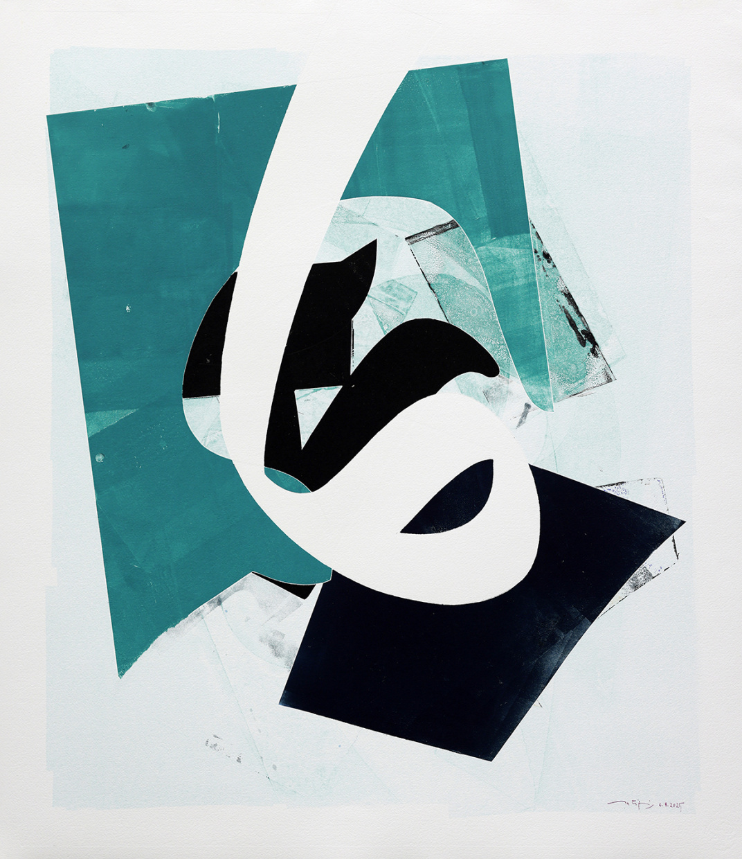 Ein Druck mit geheimnisvollen Linien und Formen in Türkisblau, Schwarzgrün und Weiß.