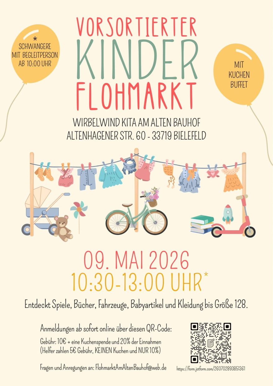 Plakat zum vorsortierten Kinderflohmarkt der Wirbelwind Kita am Alten Bauhof in Bielefeld am 9. Mai 
