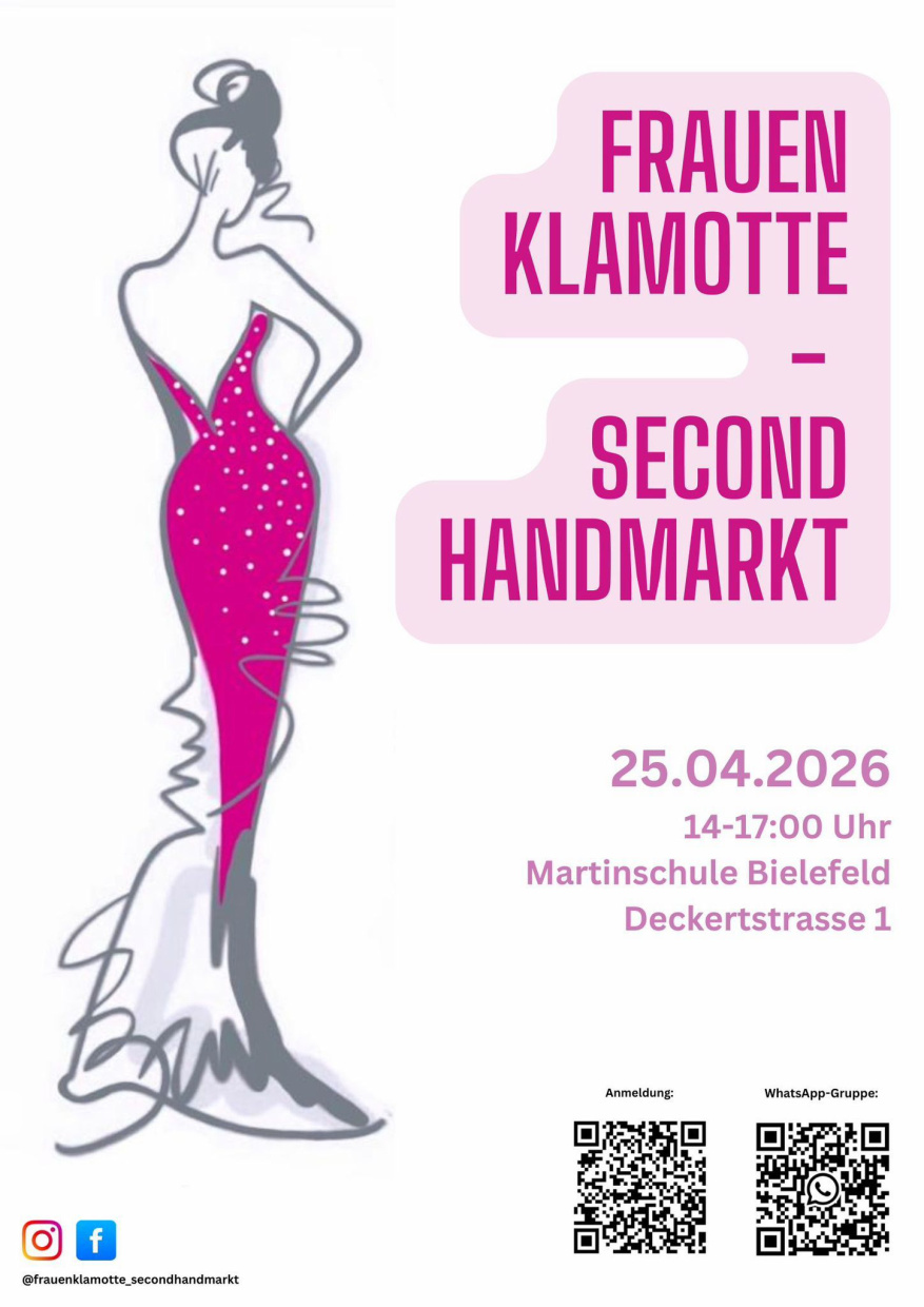 Weißes Plakat, auf der linken Seite eine Zeichnung einer Dame in pink. Unten links 2 QR Codes. 