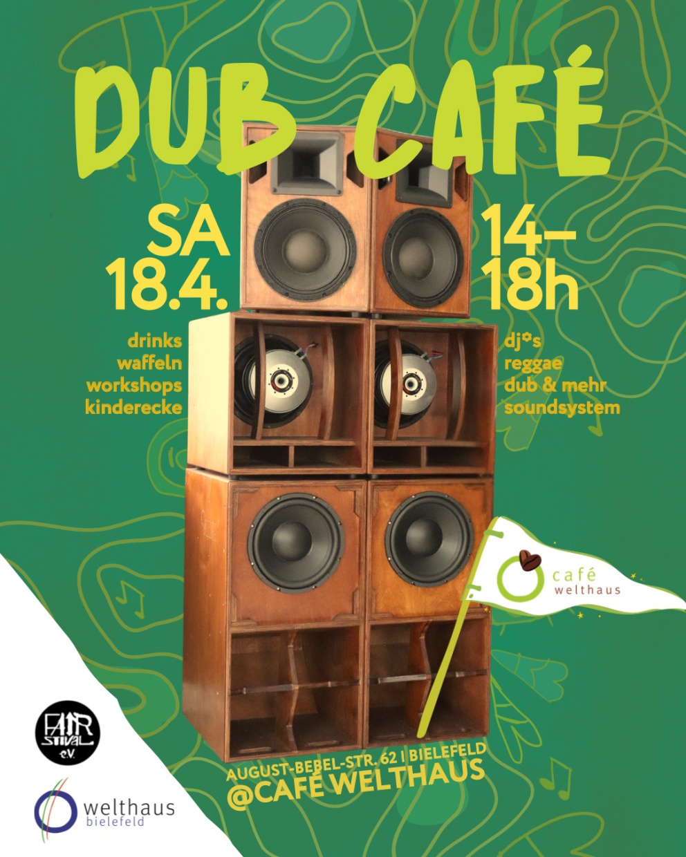 Veranstaltungsflyer mit dem Titel "Dub Café" in grün-gelben Farben mit einem Soundsystem im Zentrum