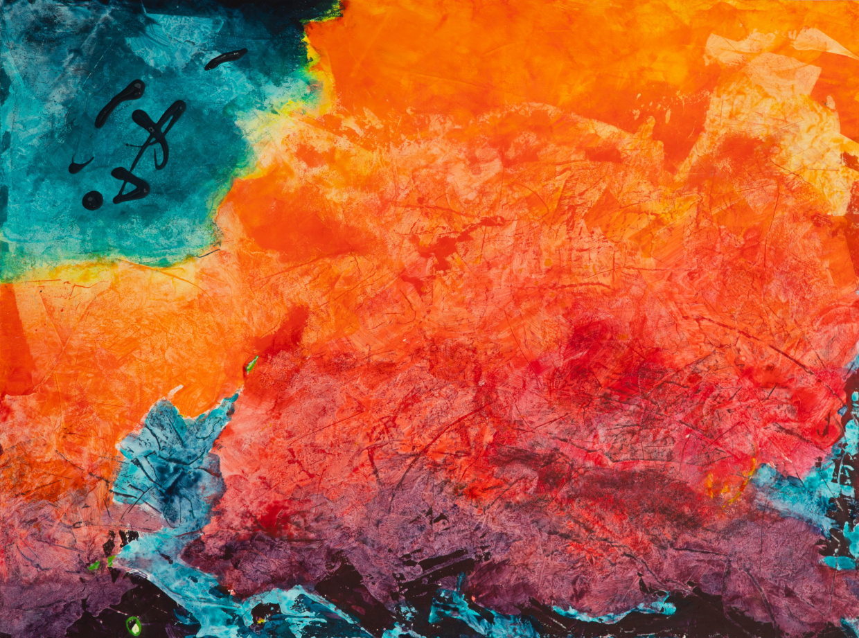 Abstraktes Gemälde mit kräftigen Orange-, Rot-, Türkis- und Violetttönen, groben Pinselstrukturen un