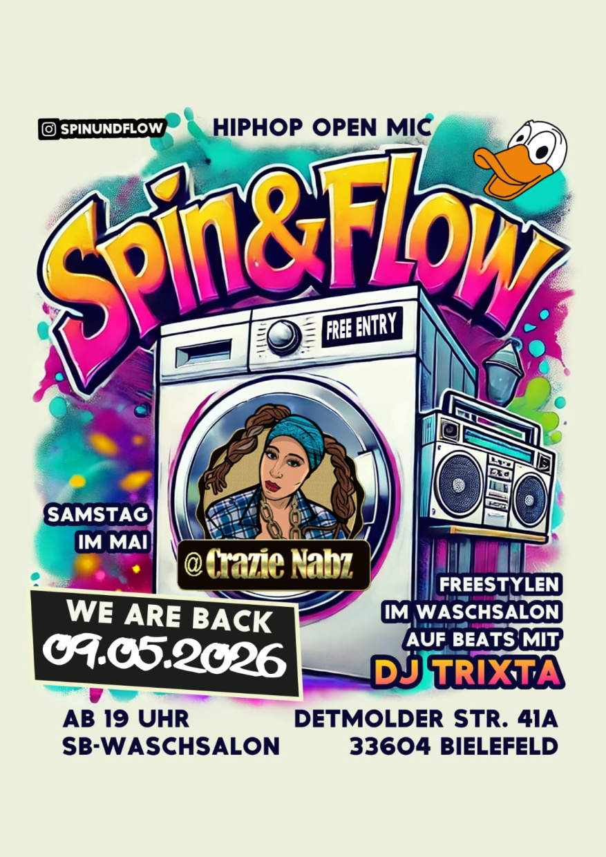 Das Logo der Veranstalterin ist in einer Waschmaschiene. Drumherum sind die Infos über das Event.