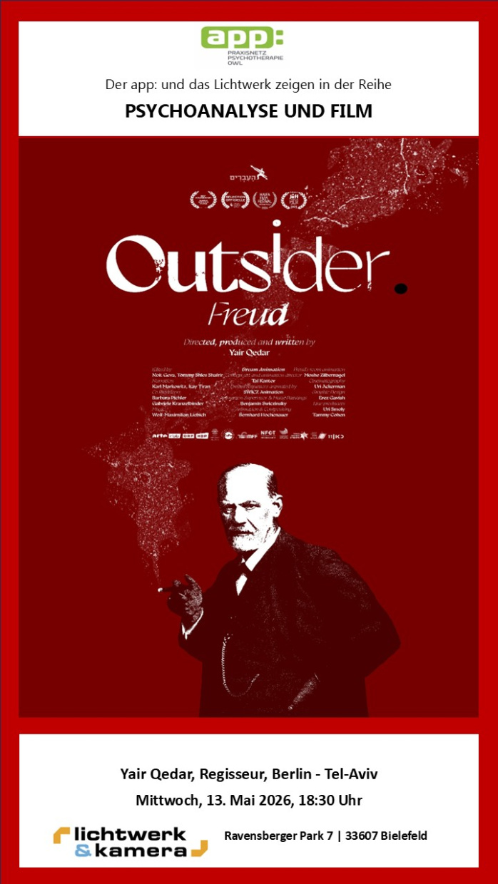 Das Filmplakat zeigt Sigmund Freud, klassischerweise seine Zigarre haltend, vor rotem Hintergrund