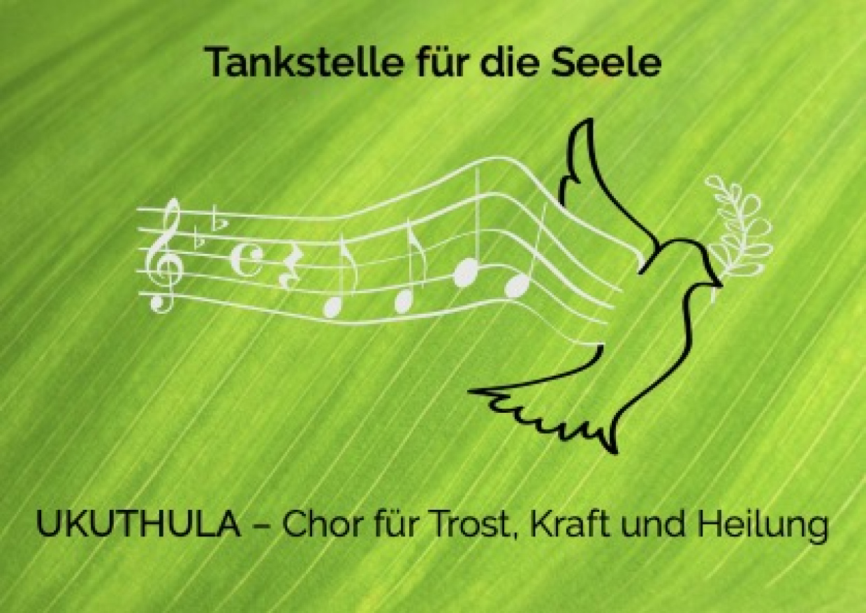 Friedenstaube mit Zweig im Schnabel und Noten auf dem Rücken. Grüner Hintergrund