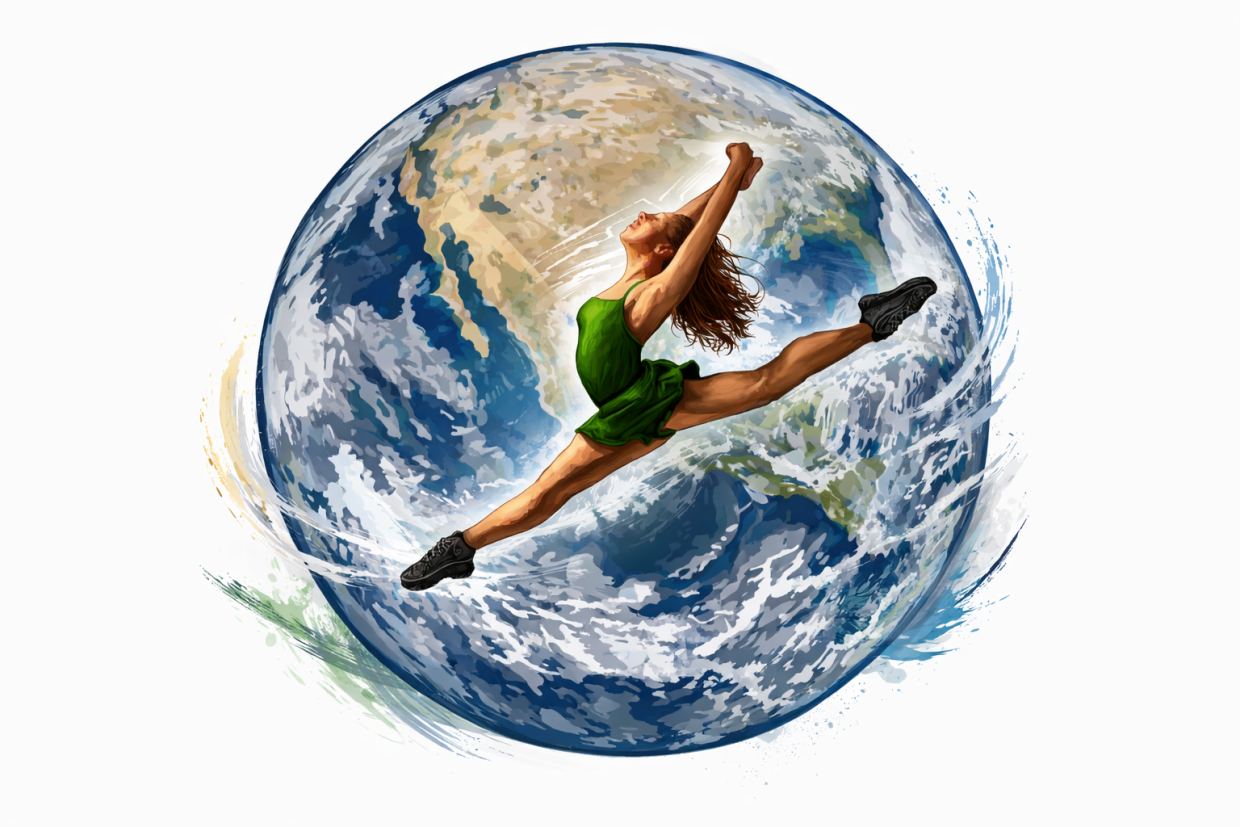 Eine Tänzerin vor einer Weltkugel. Sie trägt ein grünes Kleid und hat schwarze Sneaker an. 