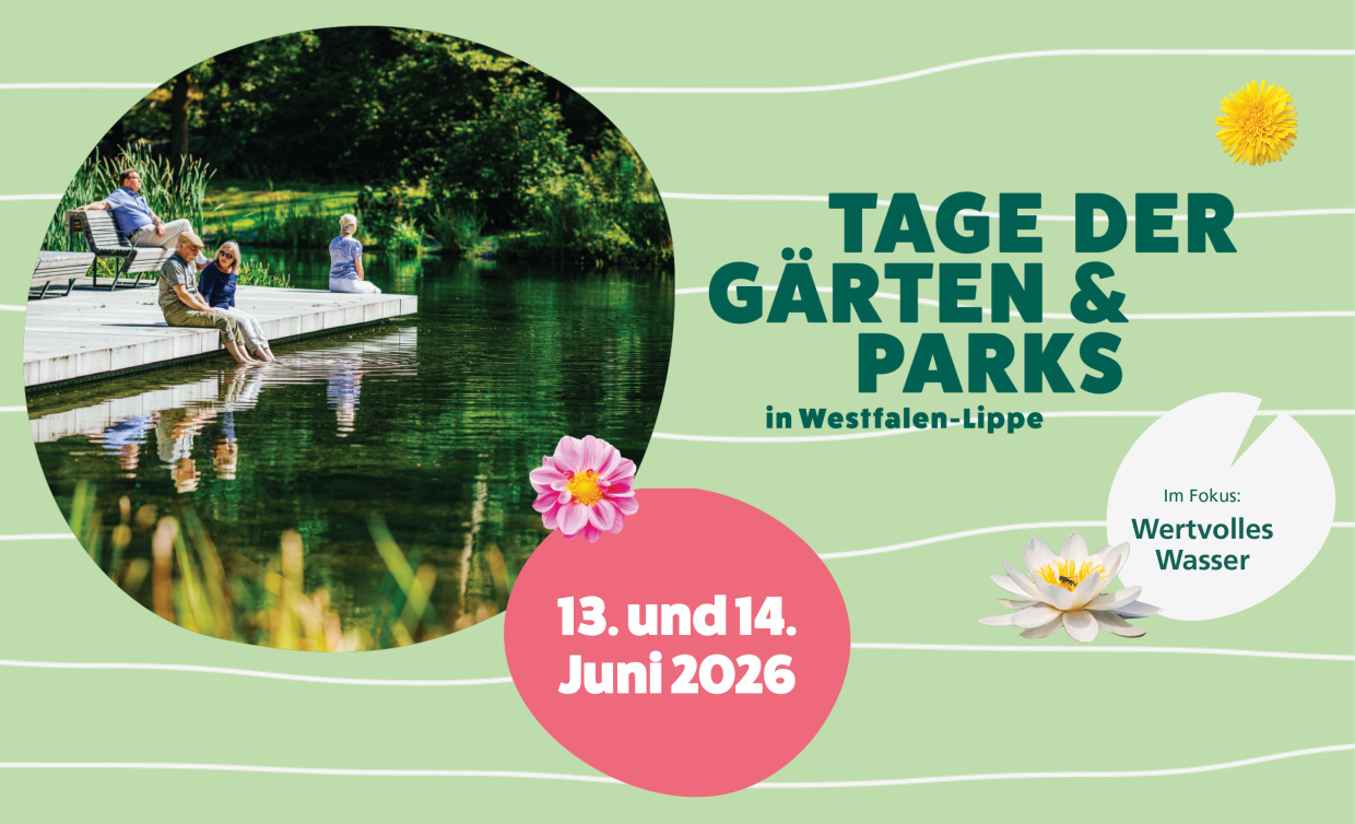 Hellgrünes Plakat mit einem Gartenbild und der Aufschrift "Tage der Gärten und Parks"