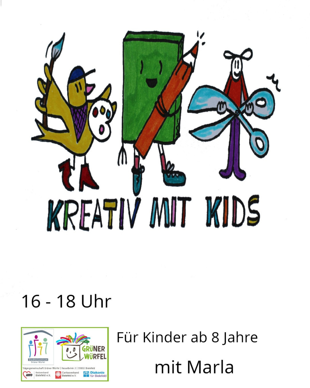 Illustration mit süssen Figuren, welche Bastelmaterialen in den Händen halten wie bspw. Schere
