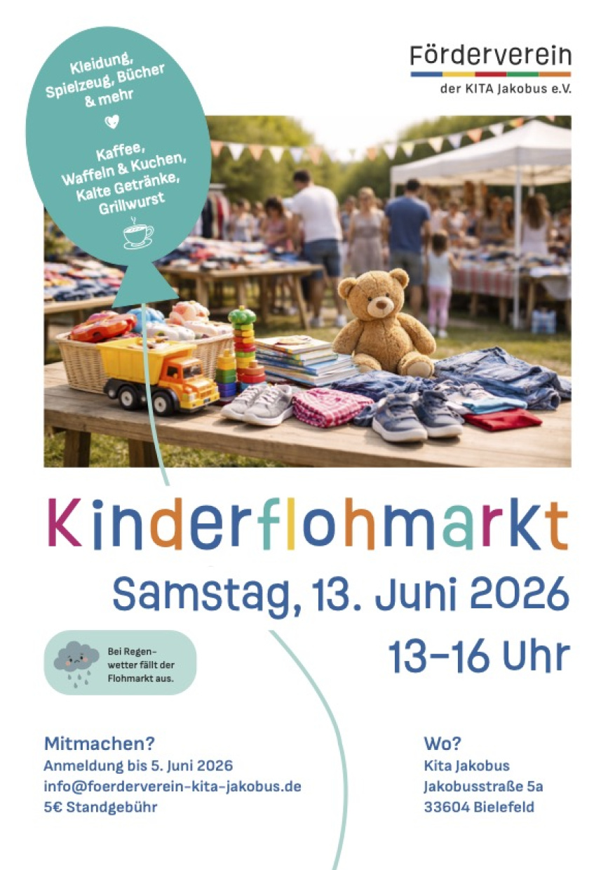 Das Bild zeigt einen Flohmarkt mit Kinderkleidung und Spielzeug