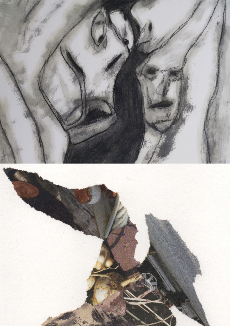 schwarz-weiß Zeichnung mit Gesichtern und Collage aus bedrucktem Papier