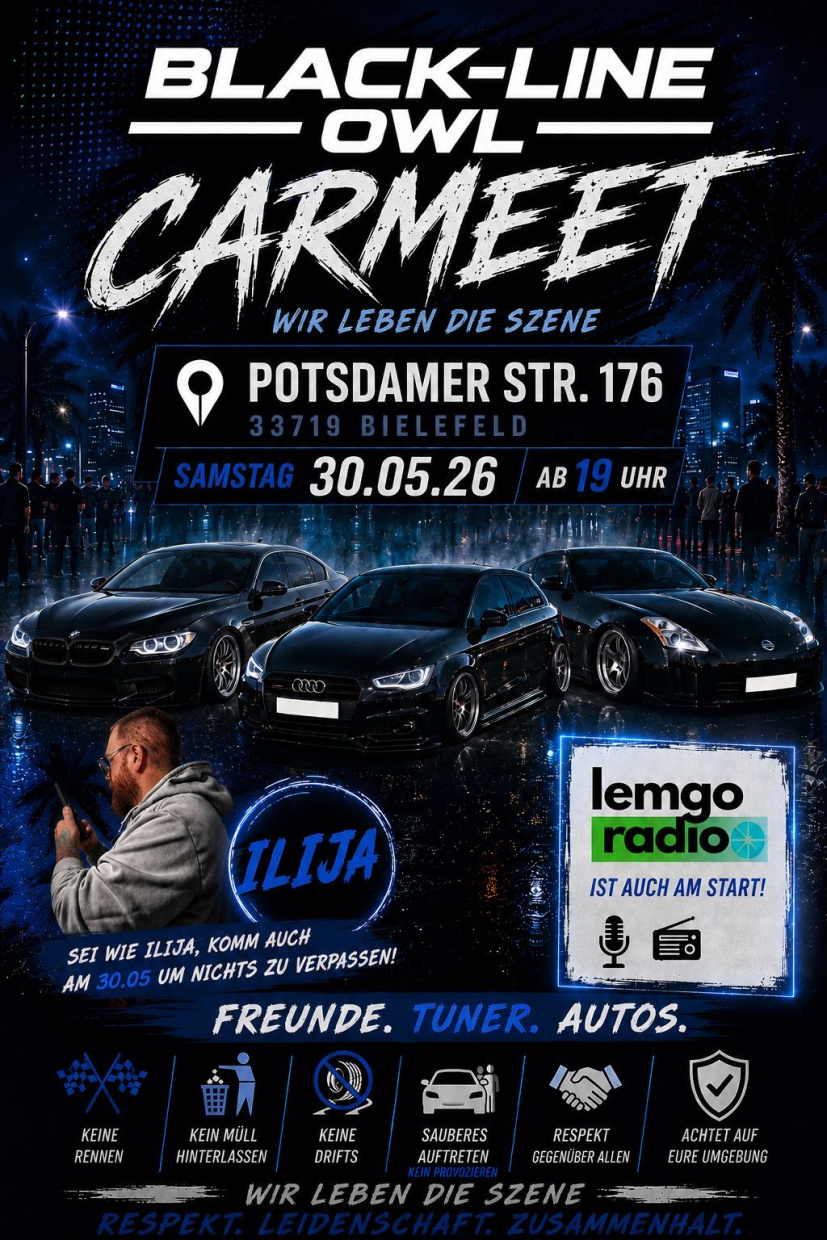 Flyer zum BLACK-LINE OWL Carmeet in Bielefeld am 30.05.2026 ab 19 Uhr.