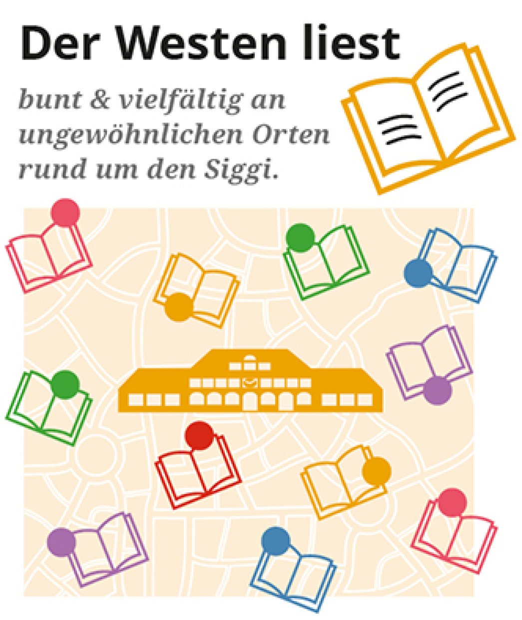 Gebäude (die Bürgerwache) auf einem stilisierten Stadtplan, umgeben von aufgeschlagenen Büchern