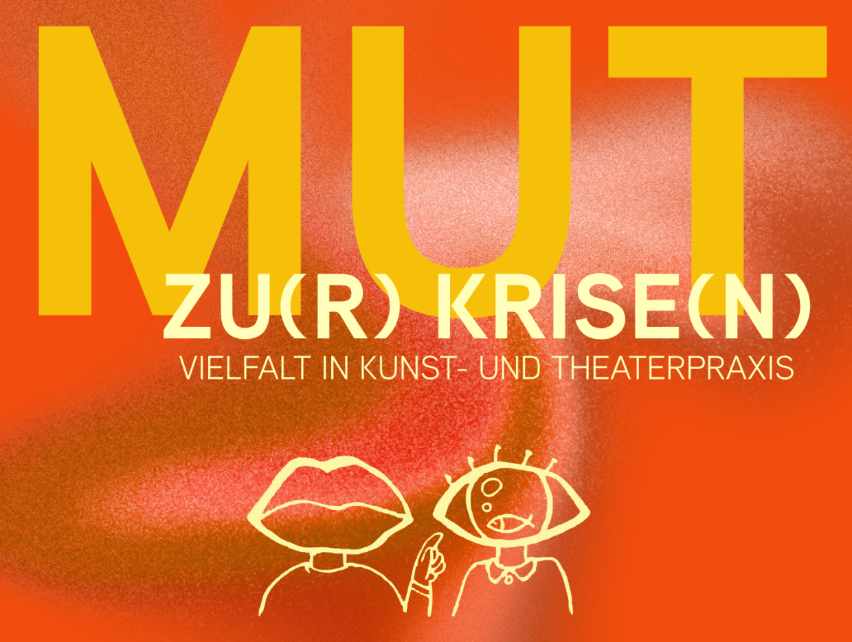 der Titel als Schriftzug auf orange-farbenem Hintergrund und zwei Personen im Gespräch