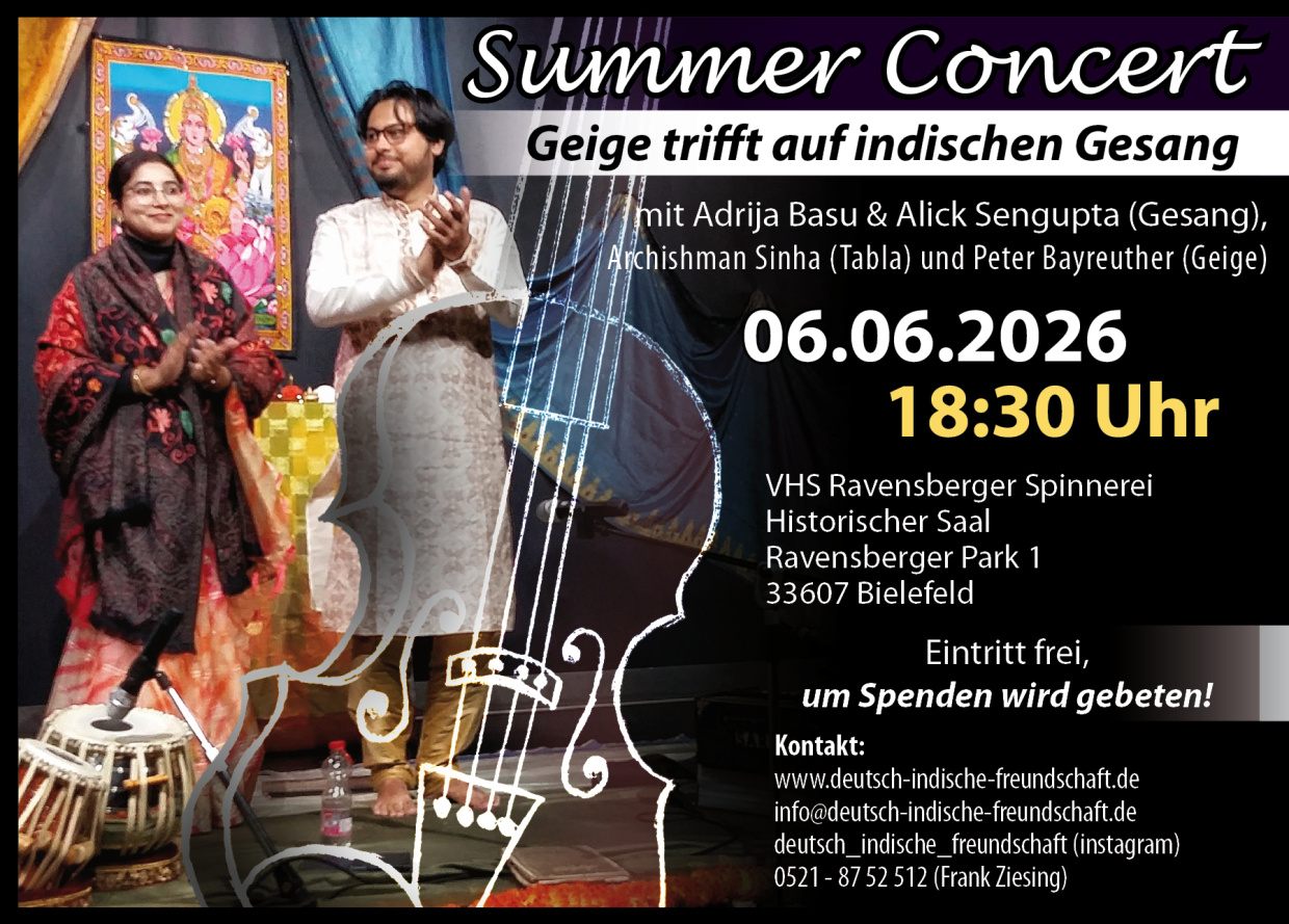 Flyer mit den Künstlern Adrija & Alick, einer illustrierten Geige. Rechts stehen alle Konzertinfos.