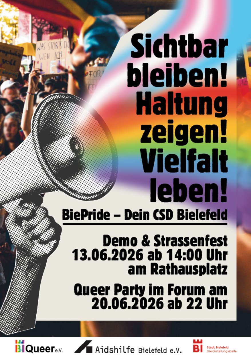 Plakat zum CSD 2026. Motto: Sichtbar bleiben! Vielfalt leben! Haltung zeigen! Beginn: 14 Uhr.