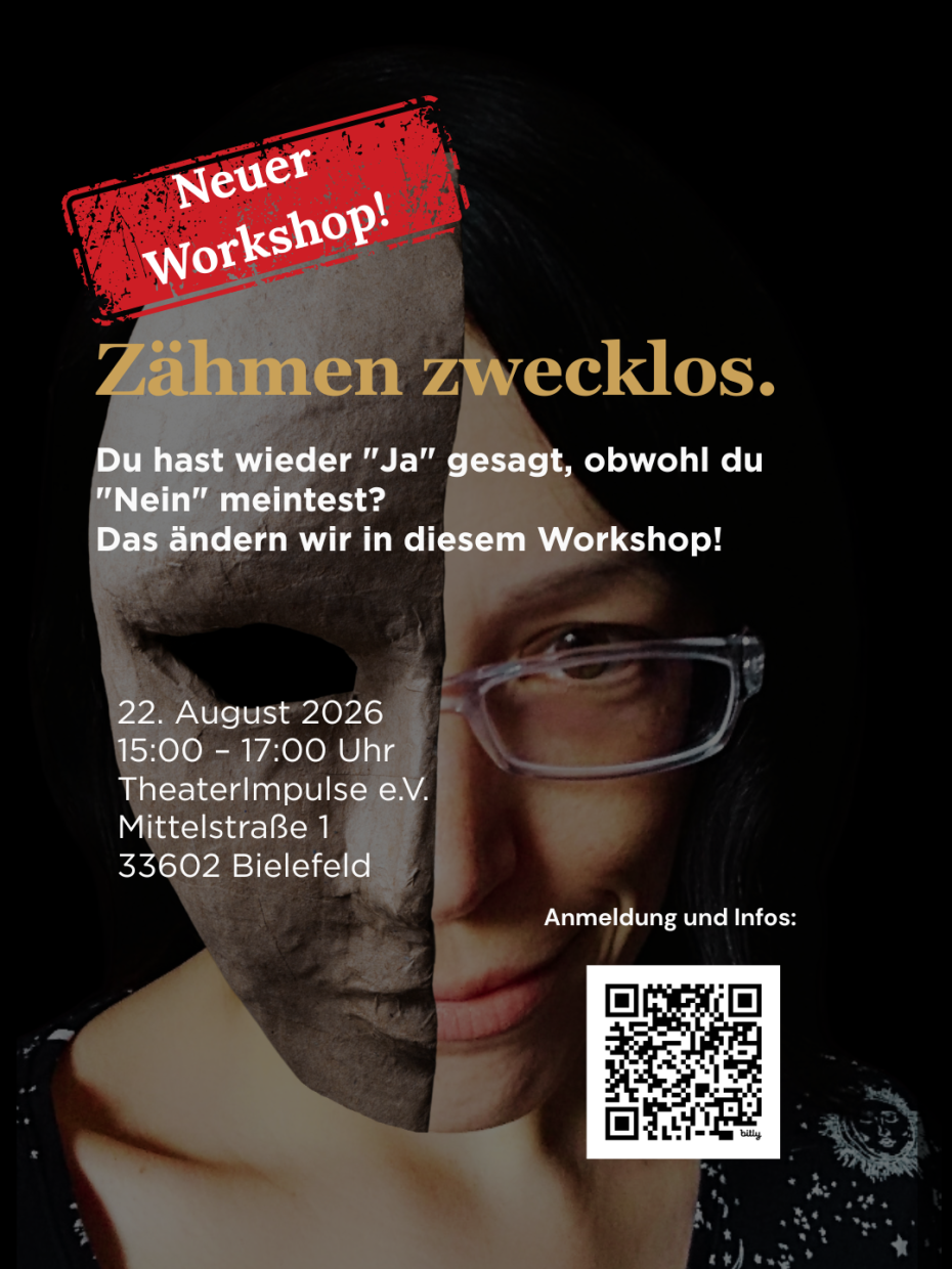 Frau mit Maske, halb verdecktes Gesicht. Workshop Zähmen zwecklos, 22. August 2026.