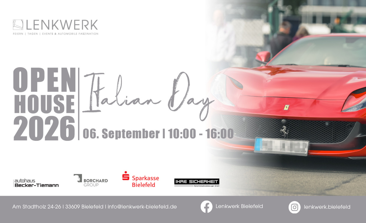 Eventbanner LENKWERK OPEN HOUSE Italian Day 2026: roter Ferrari im Vordergrund, Veranstaltungshinwei