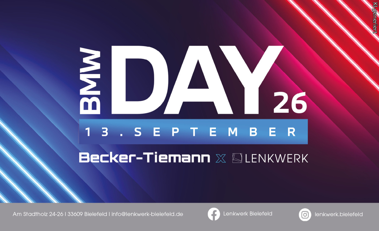 Eventbanner BMW Day 2026: dunkler Hintergrund mit blauen und roten Lichtstreifen