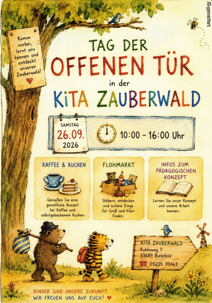 Plakat mit zwei Tierfiguren, die in den Zauberwald gehen.