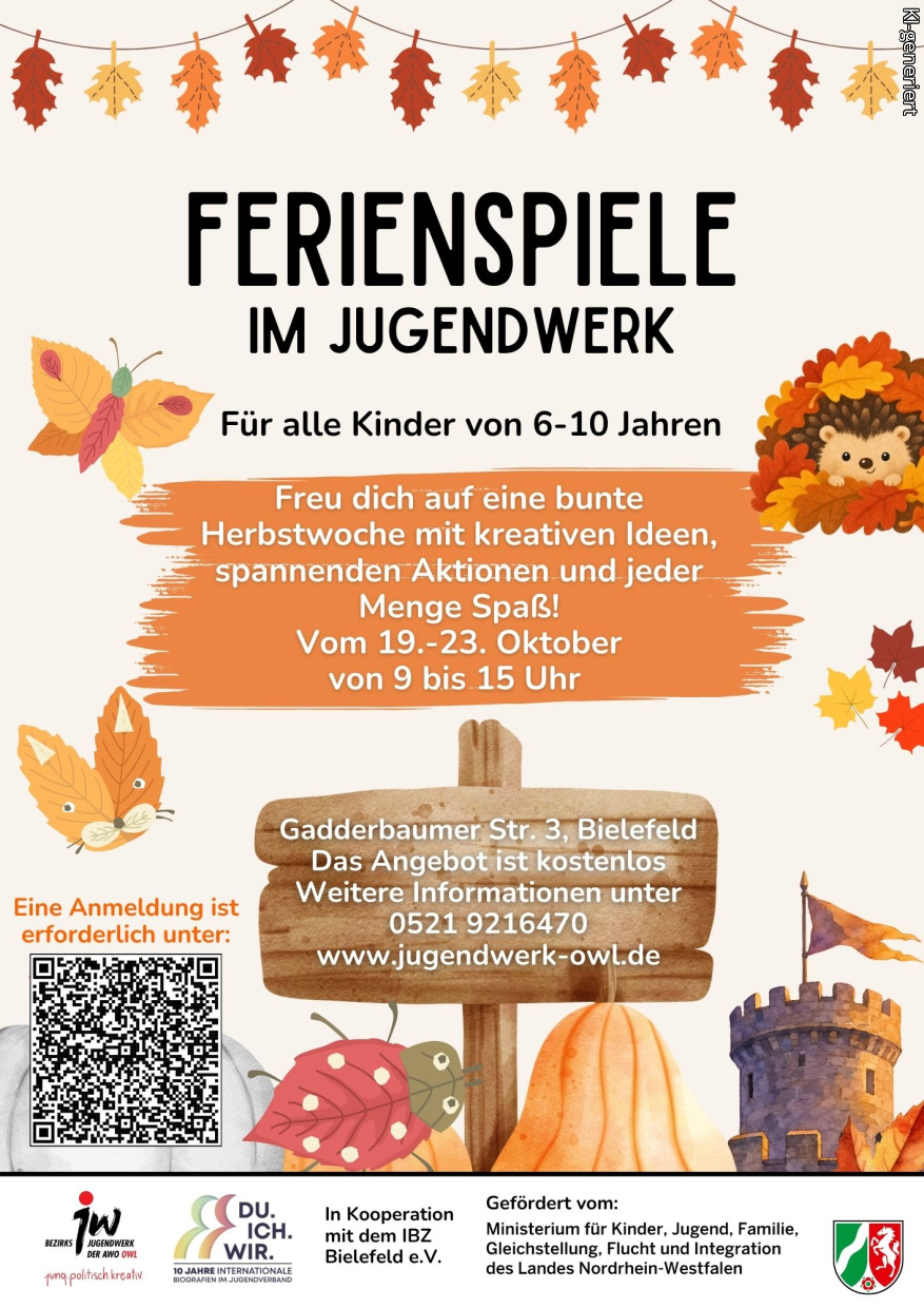Flyer bunter Herbstferienspaß: Freu dich auf eine bunte Herbstwoche mit kreativen Ideen. 
