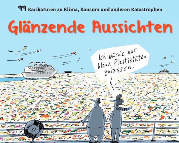 Zeichnung 2 Männer aufm Schiff schauen aufs Meer voller Müll