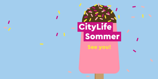 CityLife Sommer Plakat mit Eis und bunten Konfetti auf blauem Hintergrund.