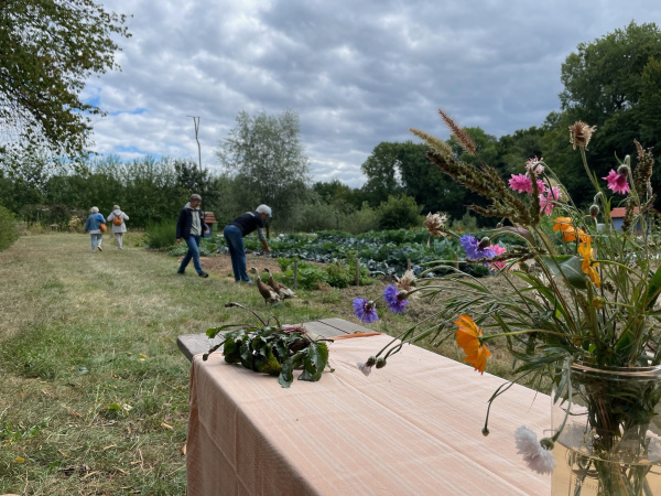 Im Vordergrund steht ein Biergartentisch mit Wildblumenstrauß und dahinter sieht man Gemüsebeete, ein Laufentenpaar und Besucher.