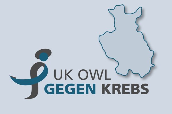 Umriss von OWL auf grauem Hintergrund, daneben geschrieben UK OWL gegen Krebs 