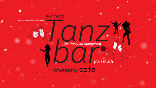 Rotes Partyplakat mit Schneeflocken für die Veranstaltung „extrem Tanzbar – Die Party im Spiegelzelt