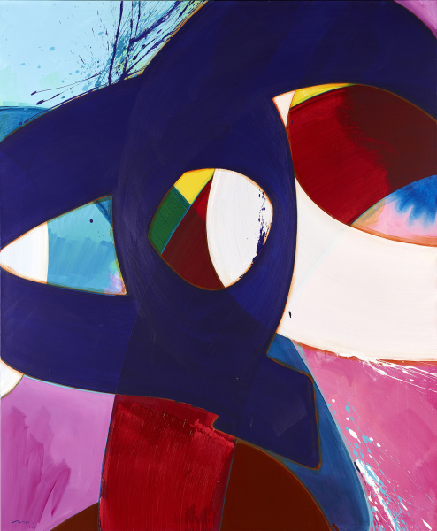 Eine Malerei mit einer großen blauen Form in der Mitte und Rot-, Pink- und Blautönen