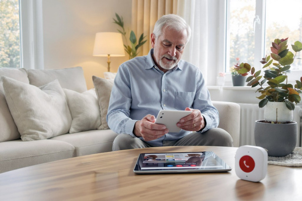 Senior nutzt Tablet im Wohnzimmer mit Notrufknopf auf dem Couchtisch für digitale Gesundheitsvorsorg