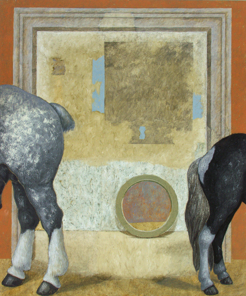 Ein gemaltes Bild von zwei Pferdehinterteilen vor einem Spiegel