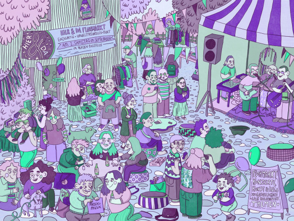 Wimmelbild in den Hier und Da 2026 Farben